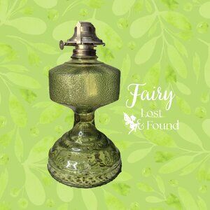 Vintage MCM 20" Olive Green Glass Hurricane Pedestal Oil Lamp